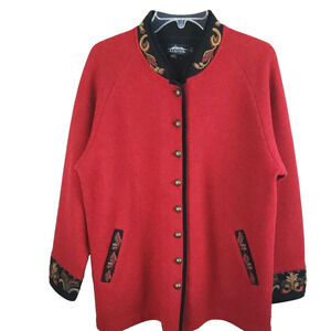Icelandic Design Wool button front Jacket women's Size L embroidered cuff collar